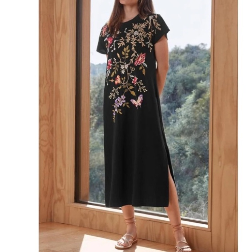 Johnny Was Maxi Dress Black Embroidered Boho S/M